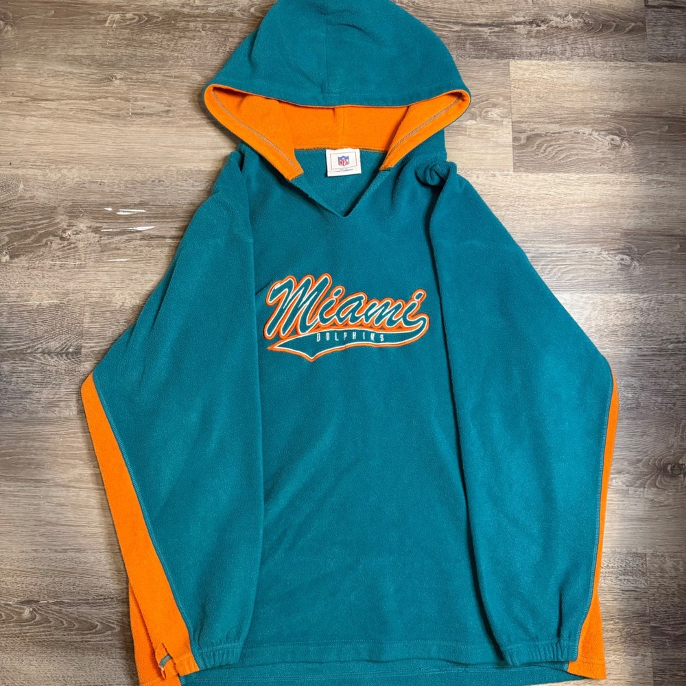 NFL Miami Dolphins Fleece Hoodie Aqua Orange Vintage Style Pullover XL